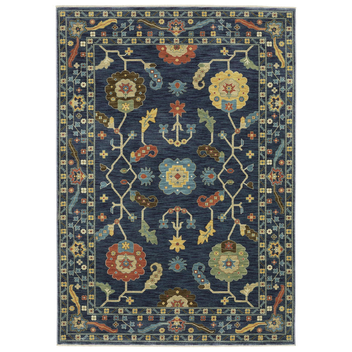 8' X 11' Oriental Area Rug With Fringe - Blue And Gold