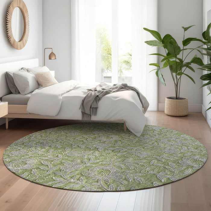 8' Floral Washable Round Rug With UV Protection - Olive Green And Gray