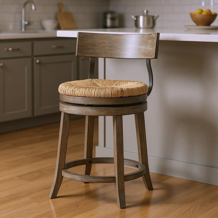 Rattan And Solid Wood Low Back Counter Height Swivel Bar Chair - Brown / Gray