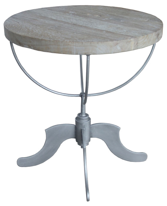 Reclaimed wood and iron round pedestal end table in brown, featuring a rustic design and sturdy construction.