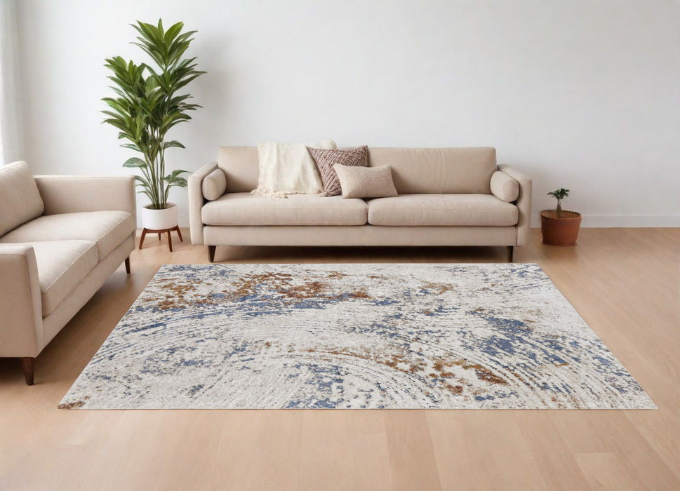 10' x 14' Abstract Power Loom Area Rug - Ivory Blue And Brown