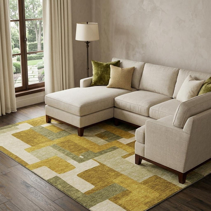 10' X 14' Geometric Washable Area Rug With UV Protection (675750) - Wheat / Ivory / Gold