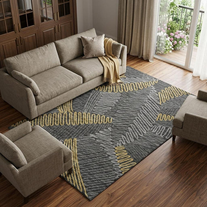 10' X 14' Botanical Leaves Washable Area Rug With UV Protection (645012) - Gray / Gold / Black