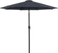 Meridian Furniture Fiji aluminum patio umbrella with round white and black base, providing shade for outdoor seating areas.