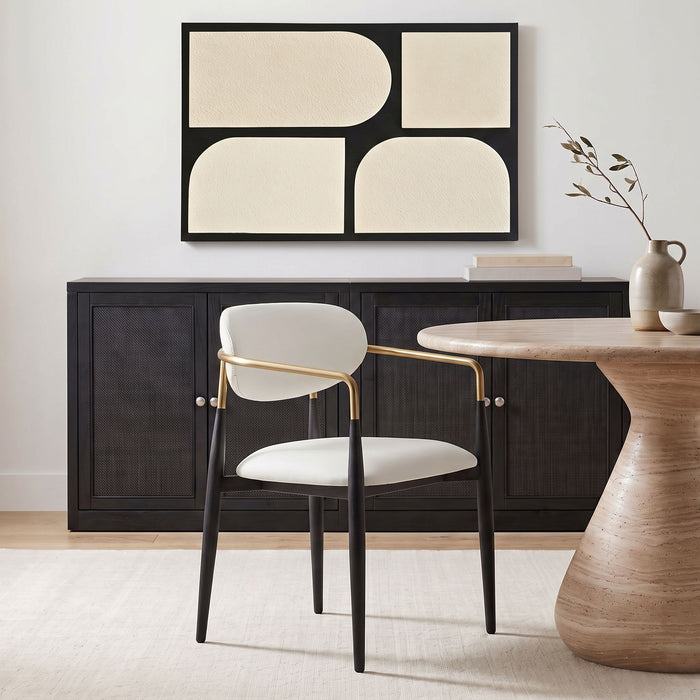 Black-legged Meridian Furniture Ronda vegan leather upholstered dining arm chair with sleek design and comfortable cushioning.