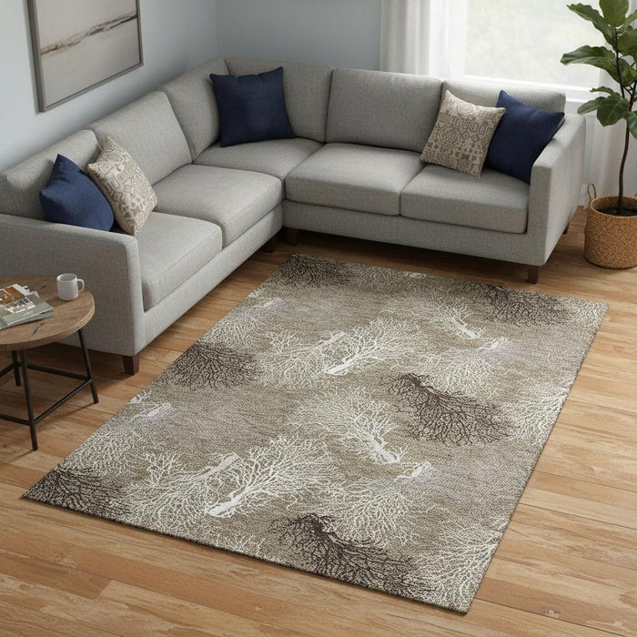 10' X 14' Geometric Washable Area Rug With UV Protection (645756) - Latte / Ivory / Gray