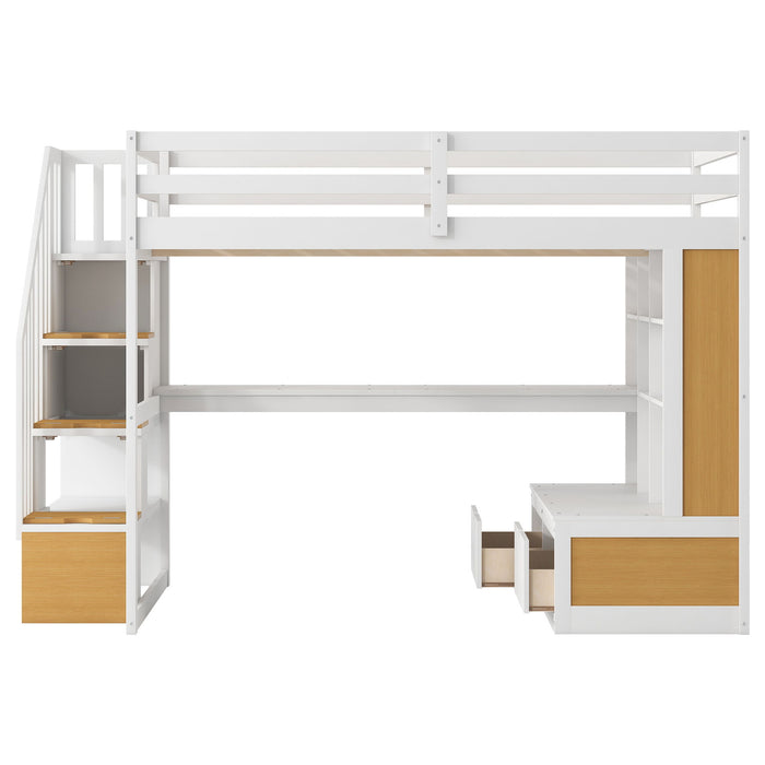 Giga full size loft bed with desk, shelves, built-in drawers, and storage staircase in natural and white finish.
