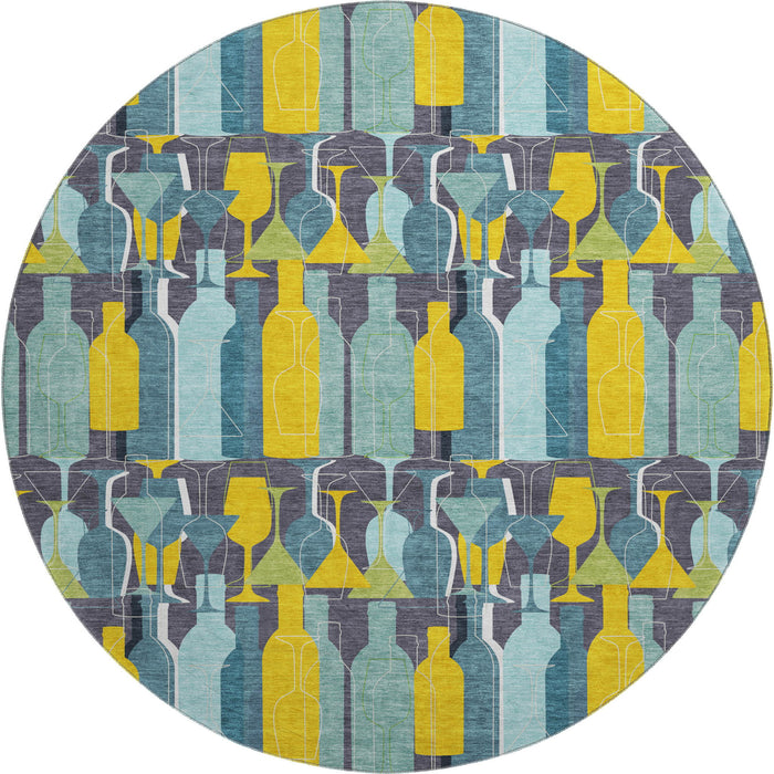 8' Geometric Washable Round Rug With UV Protection - Blue And Green