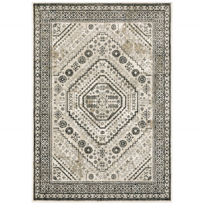 10' x 13' Oriental Power Loom Stain Resistant Area Rug - Ivory Gray Black And Ivory
