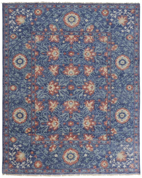 5.5' x 8.5' Wool Floral Hand Knotted Stain Resistant Area Rug - Blue And Red