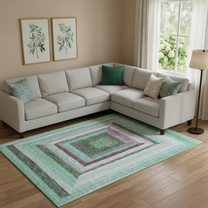 10' X 14' Geometric Washable Area Rug With UV Protection (709360) - Teal / Mauve / Ivory