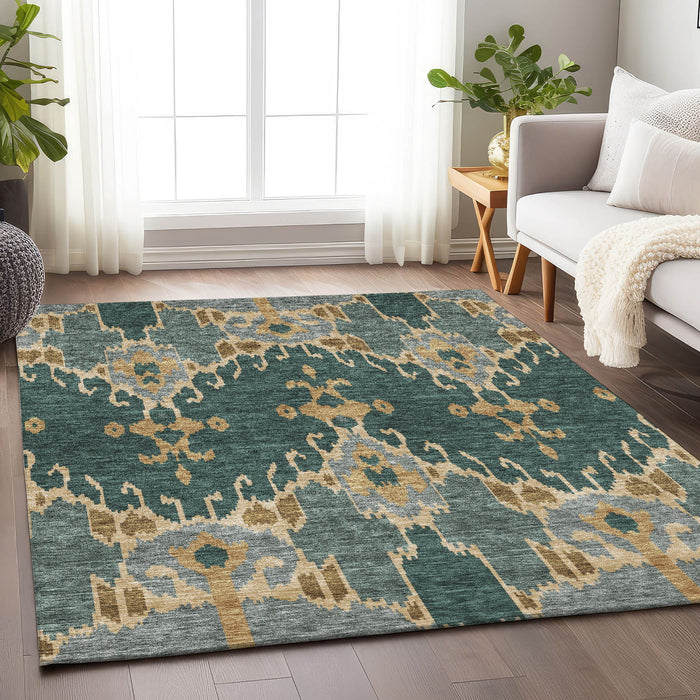 10' X 14' Ikat Washable Area Rug With UV Protection - Emerald