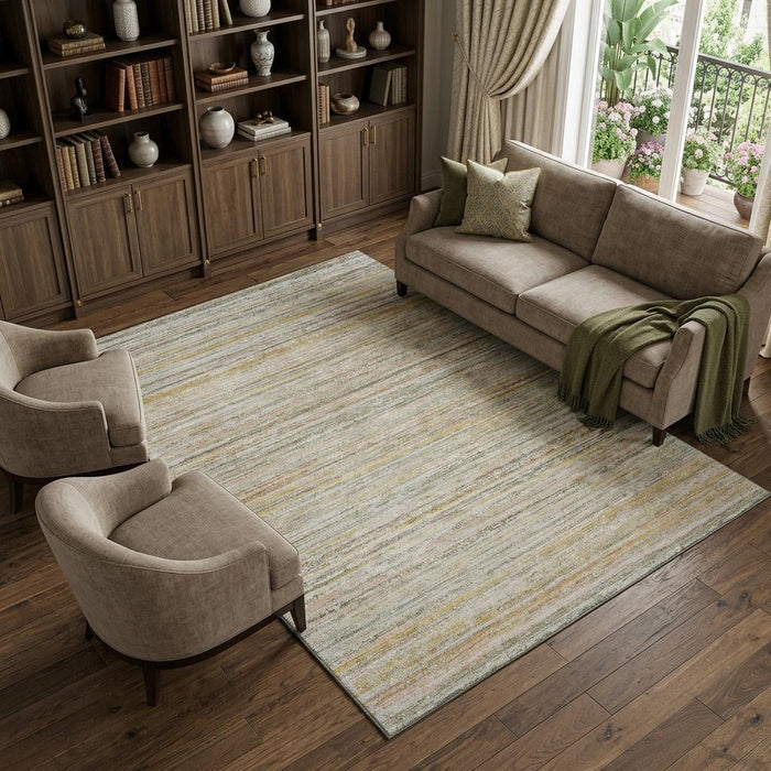 10' X 14' Striped Washable Area Rug With UV Protection (692370) - Sage / Ivory / Gold