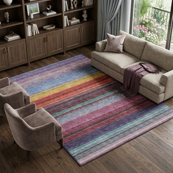 10' X 14' Striped Washable Area Rug With UV Protection (677309) - Lavender / Red / Orange
