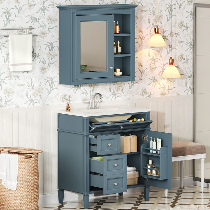 Giga modern bathroom vanity with medicine cabinet, soft closing doors, and four drawers for stylish bathroom storage.