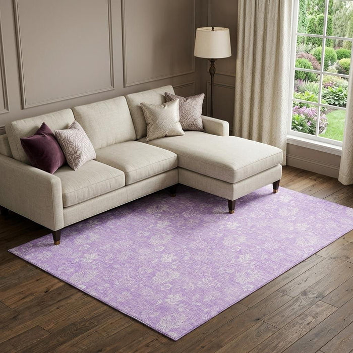 10' X 14' Floral Washable Area Rug With UV Protection (655998) - Lilac / Ivory