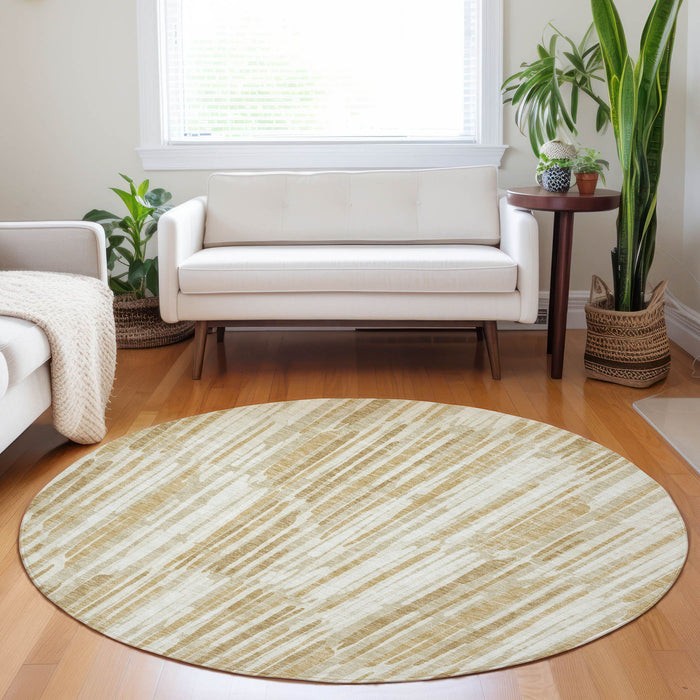 8' Abstract Washable Round Rug With UV Protection - Gold / Beige