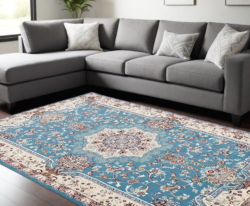 8' x 11' Oriental Power Loom Area Rug - Blue And Ivory