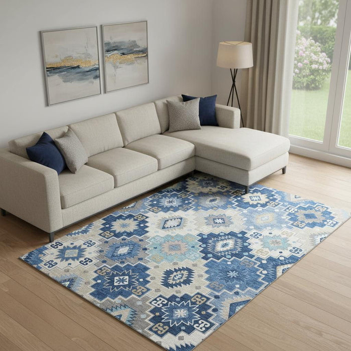 10' X 14' Geometric Washable Area Rug With UV Protection (718647) - Blue / Beige