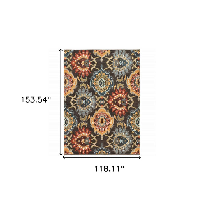 10' x 13' Floral Power Loom Stain Resistant Area Rug - Brown Gray Rust Red Gold Teal And Blue Green