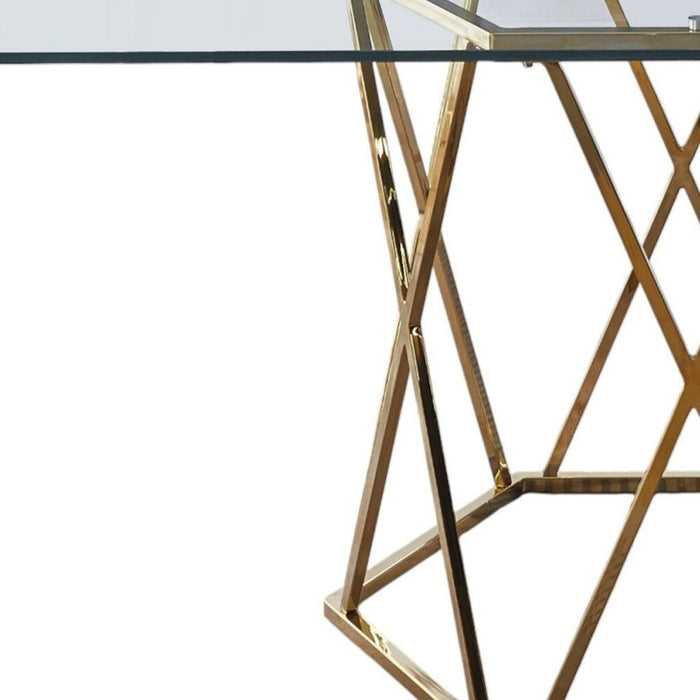 63" Glass And Metal Geo Pedestal Base Dining Table - Gold