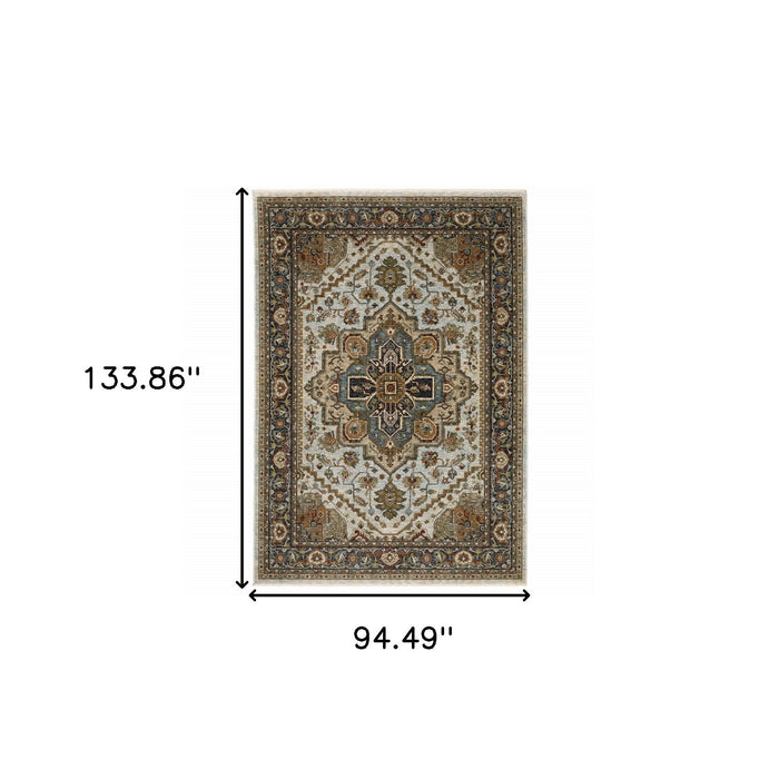 8' x 11' Oriental Power Loom Area Rug With Fringe - Beige And Ivory