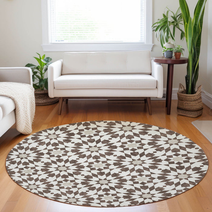 8' Geometric Washable Round Rug With UV Protection - Brown And Ivory