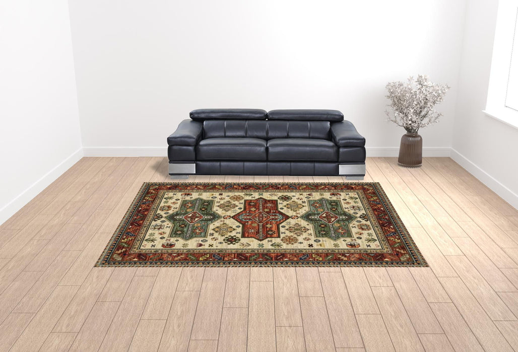 10' x 13' Oriental Power Loom Stain Resistant Area Rug With Fringe - Brick Red Orange Rust Beige Gold Pale Blue Olive Navy And Black