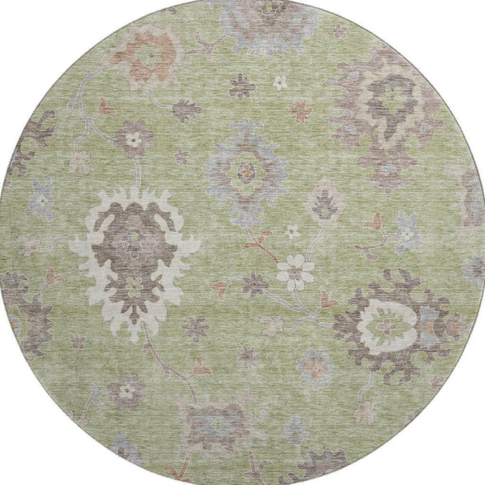 8' Floral Medallion Washable Round Rug With UV Protection - Artichoke Green