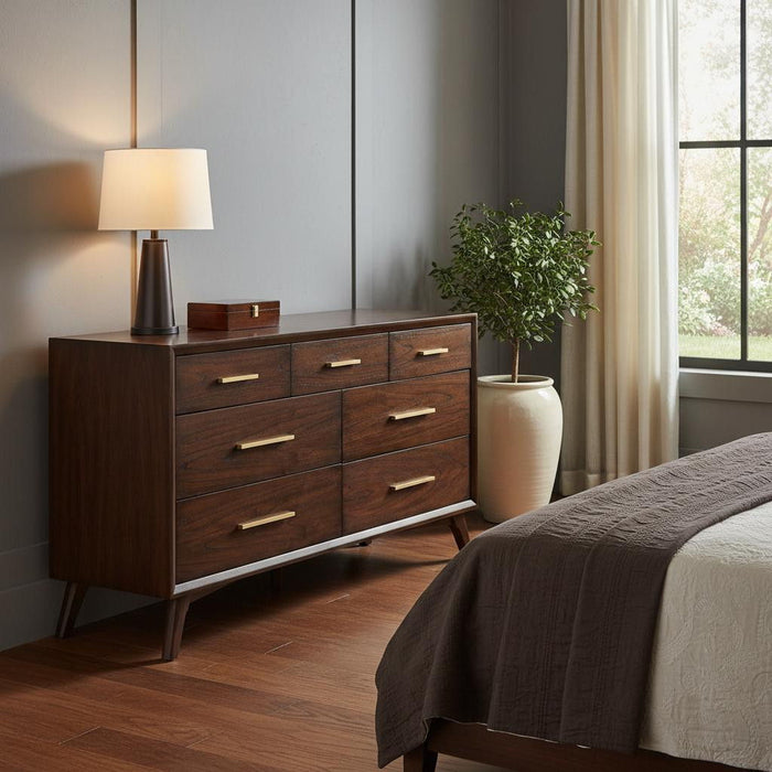 Solid Wood Seven Drawer Double Dresser - Walnut