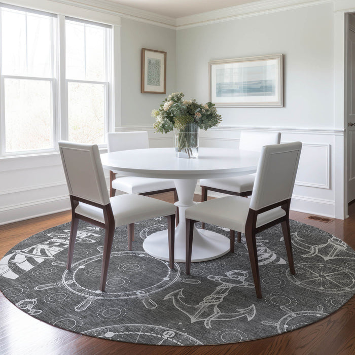 8' Nautical Washable Round Rug With UV Protection - Gray And Ivory