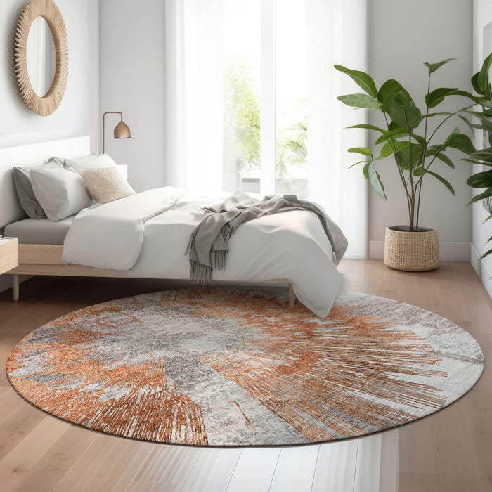 8' Abstract Washable Round Rug With UV Protection - Terra Cotta And Gray