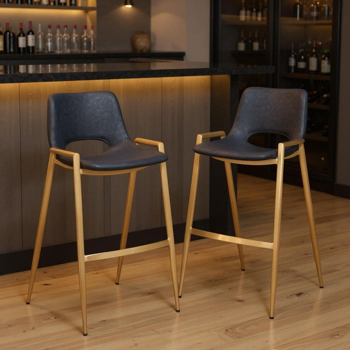 Set of two black faux leather and gold steel low back bar chairs, bar height, modern design, HomeRoots.