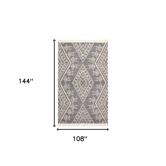 9' x 12' Wool Geometric Dhurrie Flatweave Handmade Area Rug With Fringe - Gray Ivory And Blue