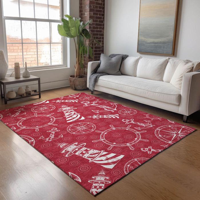 8' X 10' Nautical Washable Area Rug With UV Protection - Red And Ivory