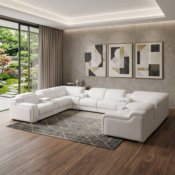Italian Leather Power Reclining U-Shaped Twelve Piece Corner Sectional With Console - White