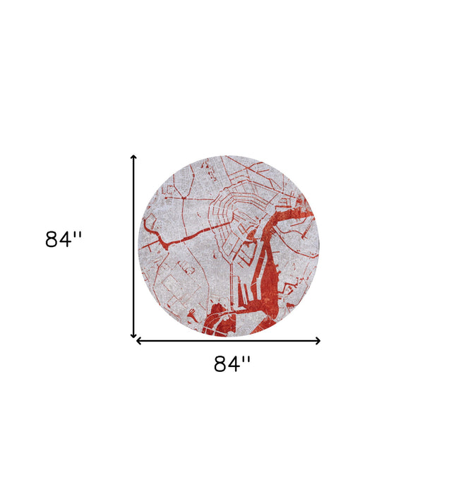 8' Round Abstract Non Skid Area Rug - Red And White