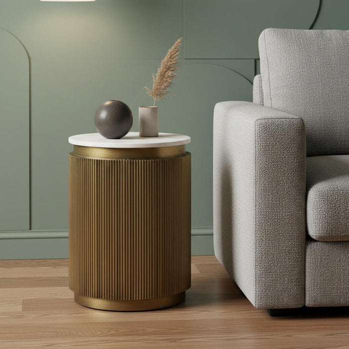 Stone And Brass Round Block End Table - White / Gold