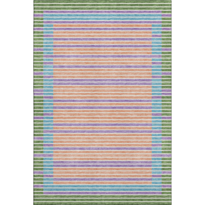10' X 14' Striped Washable Area Rug With UV Protection (693480) - Lime Green / Peach / Teal / Purple