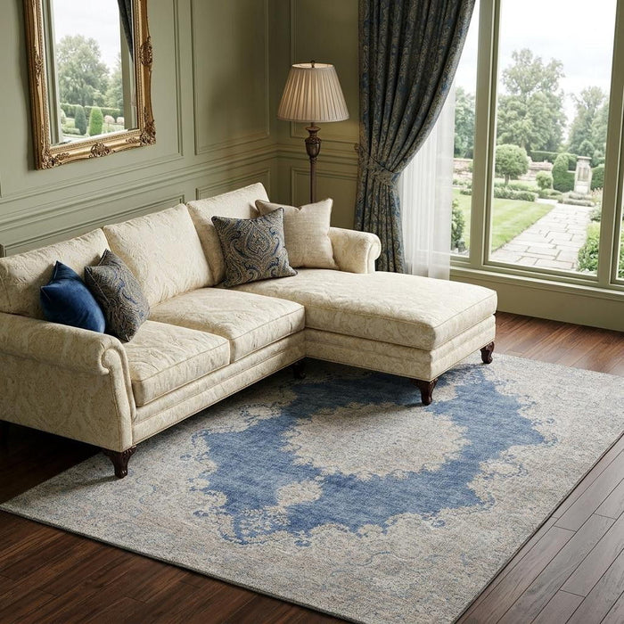 10' X 14' Oriental Washable Area Rug With UV Protection (678904) - Navy Blue / Gray / Ivory