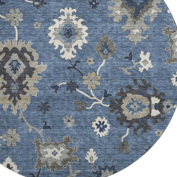 8' Traditional Floral Medallion Washable Round Rug With UV Protection - Blue