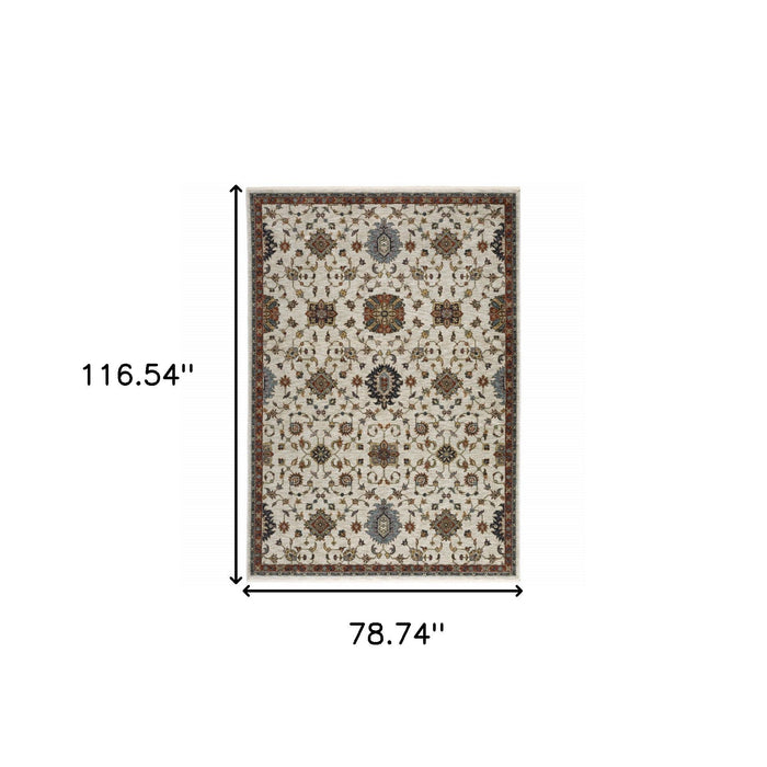 7' x 10' Oriental Power Loom Area Rug With Fringe - Beige And Blue