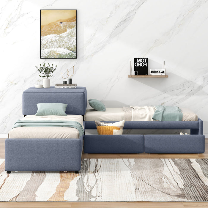 Giga L-shaped upholstered platform bed with trundle, two drawers, and built-in desk, showcasing a modern bedroom furniture setup.