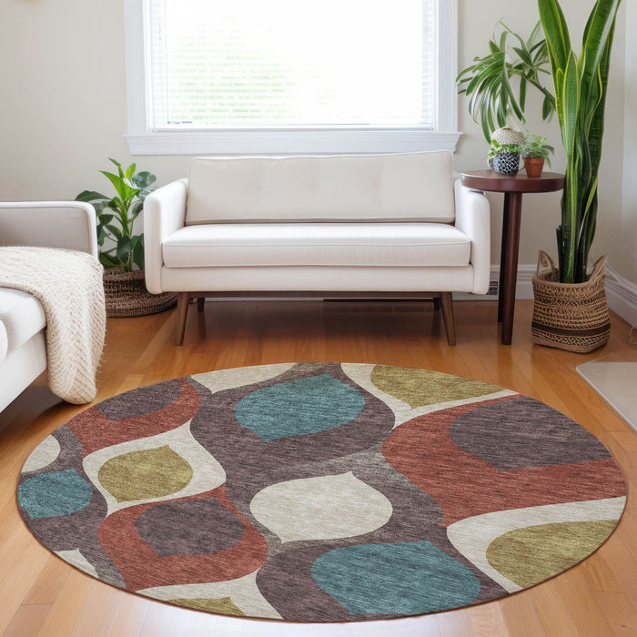 8' Ogee Washable Round Rug With UV Protection - Brown