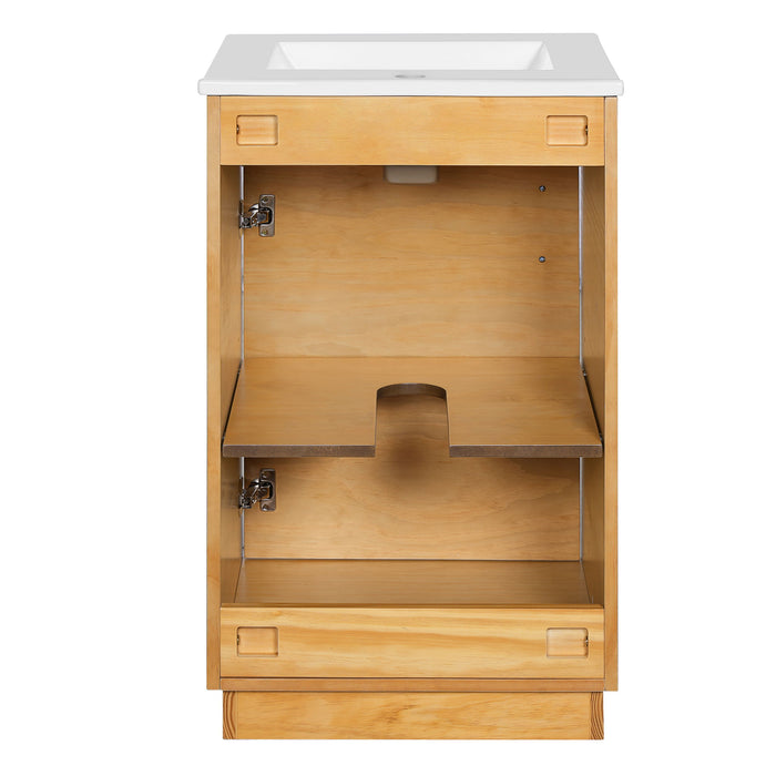 Giga bathroom vanity with sink, freestanding single cabinet in natural wood, soft closing door and adjustable shelf.