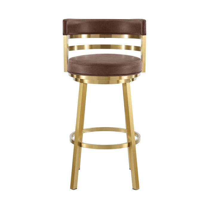 30" Contemporary Coffee Faux Leather And Stainless Steel Low Back Bar Height Swivel Bar Chair - Brown