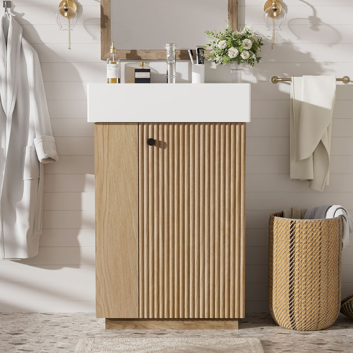 Giga bathroom vanity with sink, freestanding wood grain cabinet with storage drawers and modern design in a sleek bathroom setting.