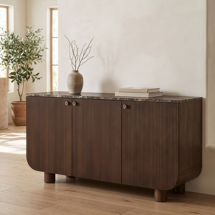 Mango wood sideboard by Meridian Furniture featuring a sleek, modern design with multiple storage compartments and a smooth finish.