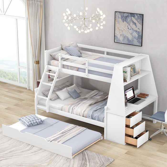 Giga bunk bed with built-in desk, trundle, three storage drawers, and shelf, featuring a sturdy wooden frame and space-saving design.