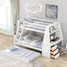 Giga bunk bed with built-in desk, trundle, three storage drawers, and shelf, featuring a sturdy wooden frame and space-saving design.